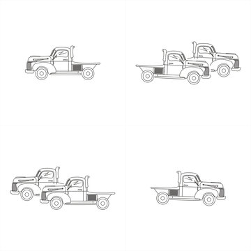 line art illustration of some old farm trucks for seamless pattern