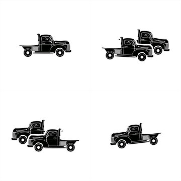 monochrome silhouette illustration of some old farm trucks for seamless pattern