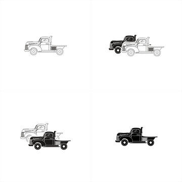 silhouette and line art illustration of several old farm trucks for seamless pattern