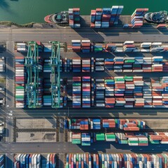 Aerial top view container ship is docked. Front picture of cargo being unloaded. generative AI