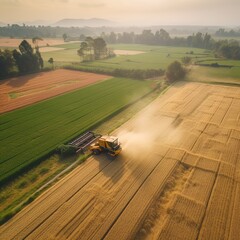 Aerial shot of a large combine and tractor harvesting crop in perfect lines. Captured by a licensed UAV operator with aerial work permit. generative AI