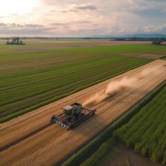 tractor harvesting crop in neat lines, aerial view. Captured by a licensed UAV operator with a permission for aerial work. generative AI