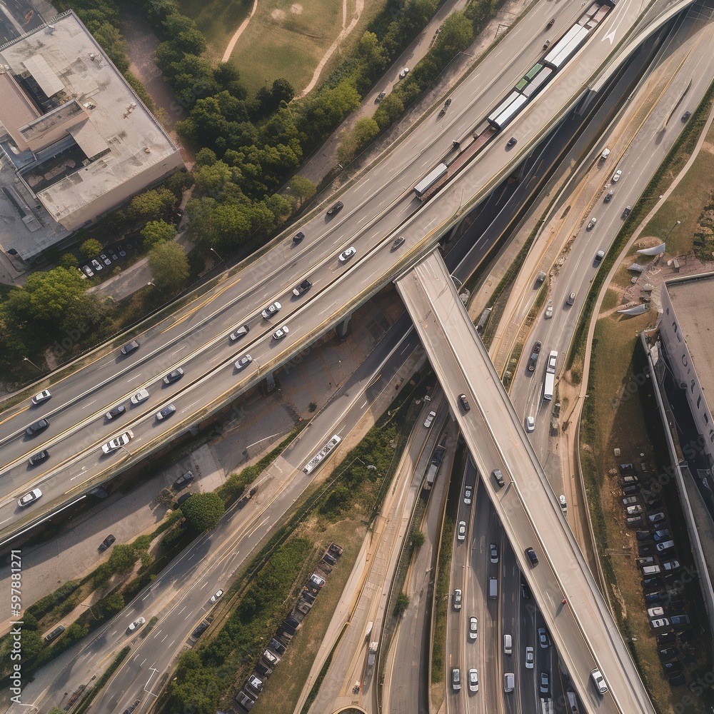 Poster aerial view of traffic and overpasses. generative ai