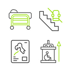 Set line Elevator for disabled, X-ray shots, Disabled elevator and Stretcher icon. Vector