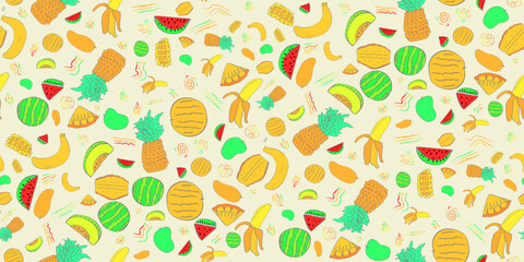 Fresh and Fun Hand Drawn Colorful Tropical Fruit Seamless Pattern Background Summer Designs. Half drop brick method. Vector Illustration Features Pineapples, Watermelons, and Juicy
