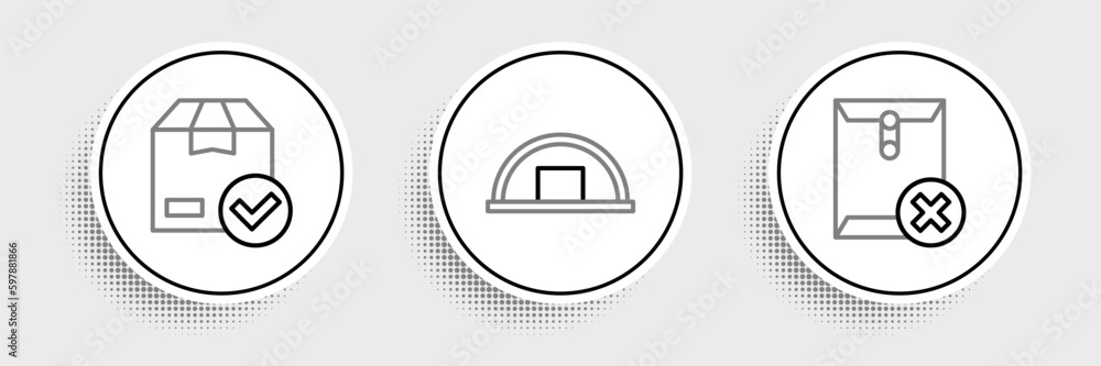 Poster set line delete envelope, ackage box with check mark and warehouse icon. vector