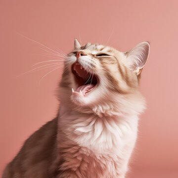 Cat meowing yawning laughing on a rose gold pink background. generative AI