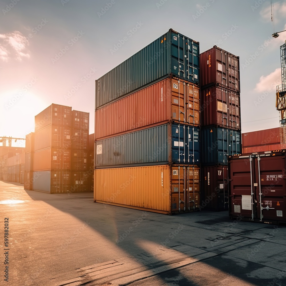 Poster container box in logistic shipping yard with cargo container stack, crane lifting up container in ya