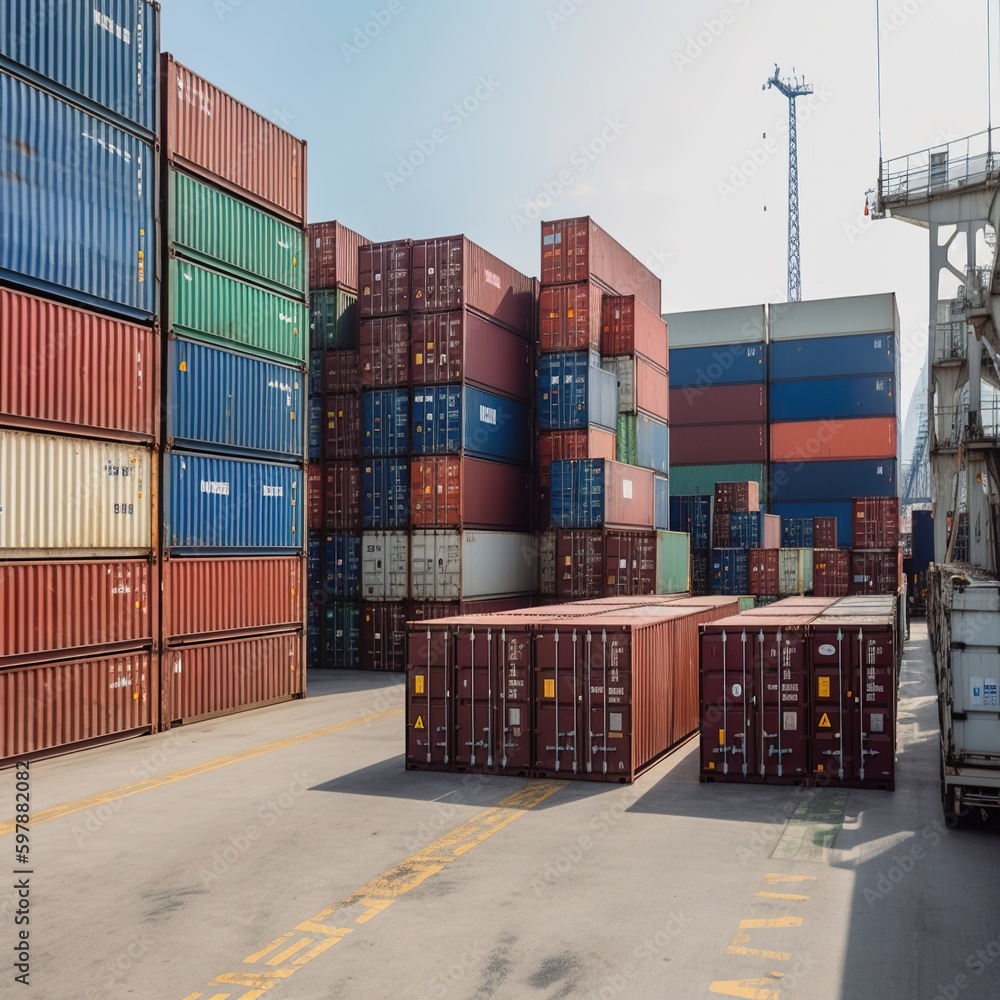 Poster industrial container yard for logistic import export business and forklift truck handling cargo ship