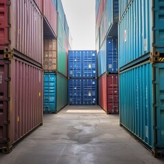 container box in logistic shipping yard with cargo container stack. generative AI