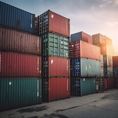 Fototapeta premium container box in logistic shipping yard with cargo container stack. generative AI