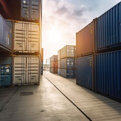 Container box in shipping port warehouse. generative AI