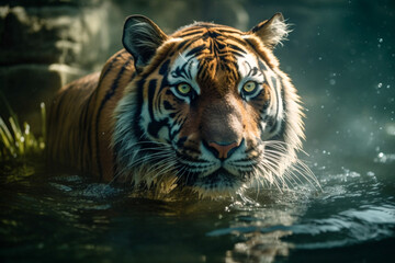 Close up of Tiger in Water (Panthera Tigris) : Curious Tiger Studies Fish in Natural Habitat - created with Generative AI Technology