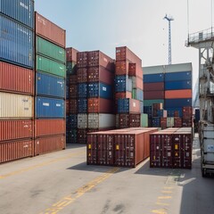 Fototapeta premium Industrial Container yard for Logistic Import Export business and Forklift truck handling cargo shipping container box in logistic shipping yard with cargo container stack. generative AI
