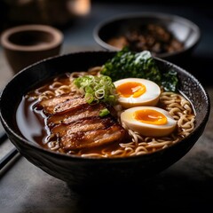 A photo of a bowl of Japanese ramen with pork belly, egg, and scallions.