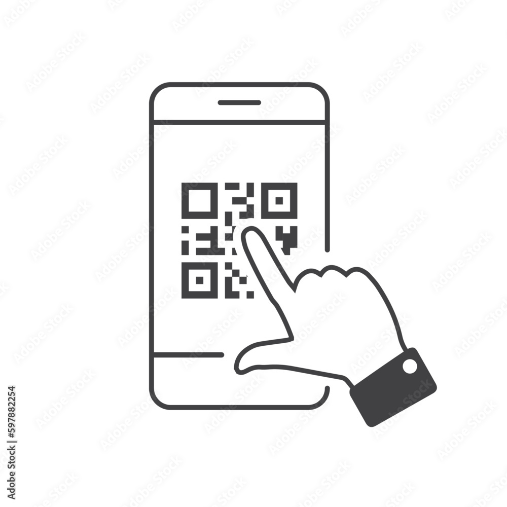 Poster qr code scanning by smartphone. scan for pay. black icon. vector illustration isolated on white back