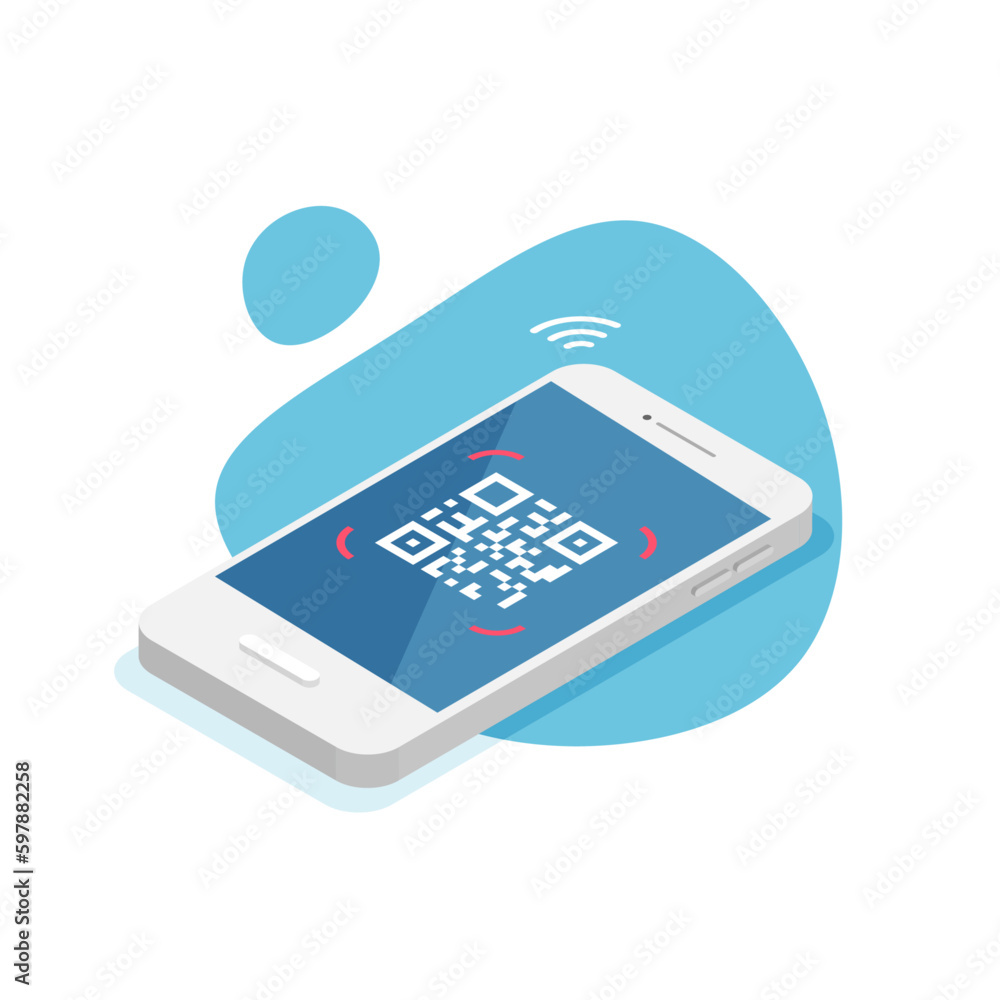 Poster qr code scanning by smartphone. scan for pay. vector isometric illustration isolated.