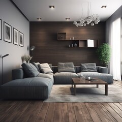 In a modern apartment, there is a large living room. generative AI