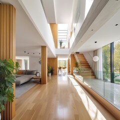 Contemporary spacious house with light living room and corridor. generative AI