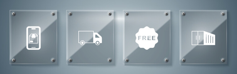 Set Container, rice tag with Free, Delivery cargo truck and Mobile app delivery tracking. Square glass panels. Vector