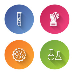 Set line Blood test and virus, DNA symbol, Virus and Test tube flask. Color circle button. Vector