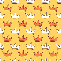 Drawn contour crown on a yellow background. Seamless pattern white and orange tiara. Prince and princess, king and queen. Children drawing. Vector illustration.
