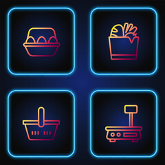 Set line Electronic scales, Shopping basket, Chicken egg box and bag and food. Gradient color icons. Vector