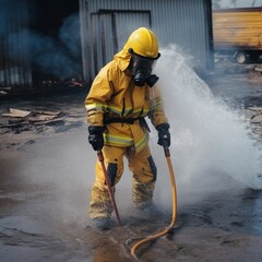 Firefighter Rescue training in fire fighting extinguisher. Firefighter fighting with flame using fire hose chemical water foam spray engine. Fireman wear hard hat. generative AI