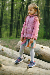 Fototapeta premium Child standing on big logs in the forest. Deforestation and human. Little girl inspects the site of deforestation