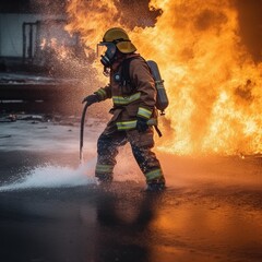 Firefighter Rescue training in fire fighting extinguisher. Firefighter fighting with flame using fire hose chemical water foam spray engine. Fireman wear hard hat. generative AI