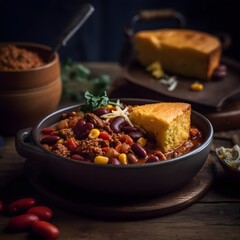 Fototapeta premium Hearty and filling plate of chili con carne with cornbread