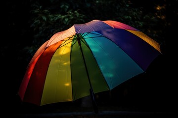 rainbow-colored umbrella with illumination from the inside on a black background.Copy space. Generative AI