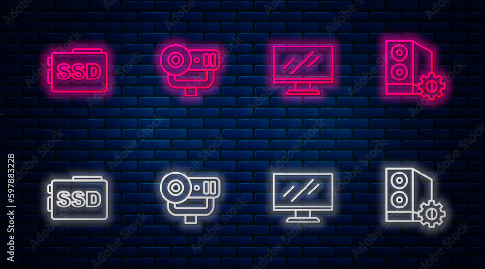 Poster set line web camera, computer monitor screen, ssd card and case of computer. glowing neon icon on br