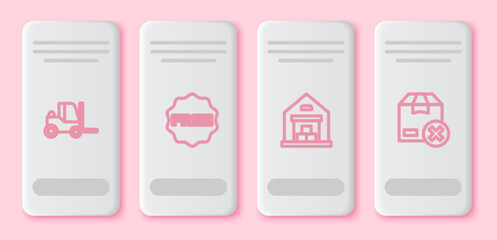 Set line Forklift truck, rice tag with Free, Warehouse and Carton cardboard box. White rectangle button. Vector