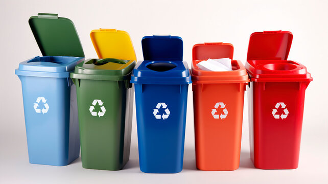 Colorful Recycling Bins Set with Recycle Symbol: Plastic, Glass, Paper, Organic. Segregate Waste Concept. Trash Cans for Effective Garbage Recycling. Eco-Friendly 