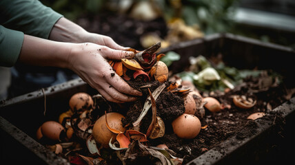 Green Home Composting: Woman Enriching Soil with Organic Waste in Garden Composter, Kitchen waste recycling in composter for Eco-Friendly Gardening and Recycling, Earth Day concept