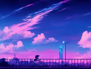 Anime boy cycling under beautiful sky sunset digital art. Generative AI