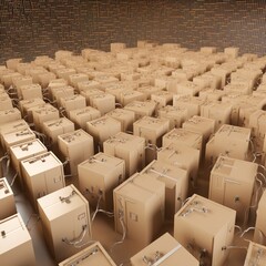 Fototapeta premium Large group of cardboard boxes connected to microchip. generative AI