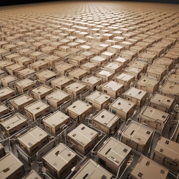 Large group of cardboard boxes connected to microchip. generative AI