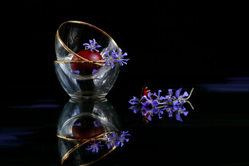Spring still life: a painted chicken egg in a glass vase with blue flowers on a black background, reflection of objects, close-up