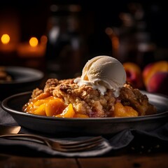 This delicious looking peach cobbler was captured with a Sony Alpha 6600 in warm artificial lighting, from a side angle to showcase the bubbling fruit and cristl.