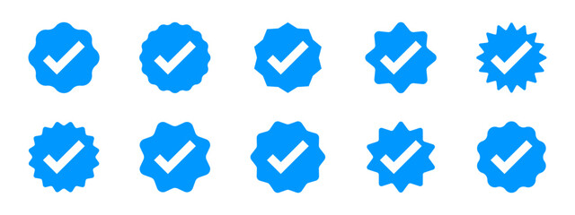 Account verification icon collection. Verified badge icon set. Social media account verification icons. Check mark icons. Tick vector icons.