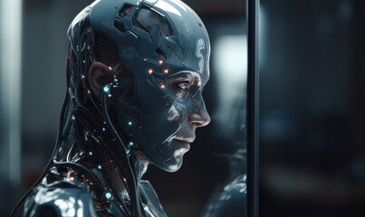 Naklejka premium Exploring Blurring Boundaries of AI Consciousness with a Compelling Portrait of a Humanoid Robot Reflecting on the Nature of its Identity