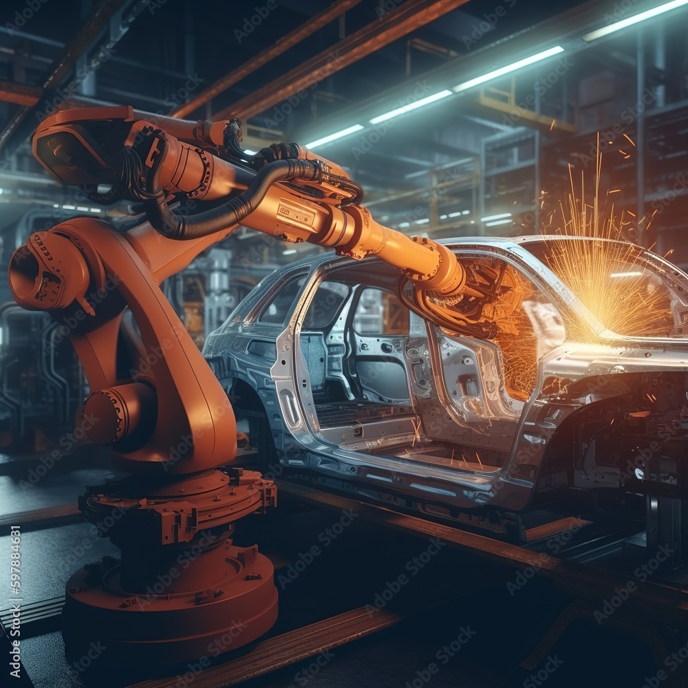 Poster Automatic welding robots on car industrial factory. generative ai