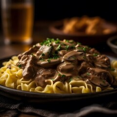 A comforting plate of beef stroganoff