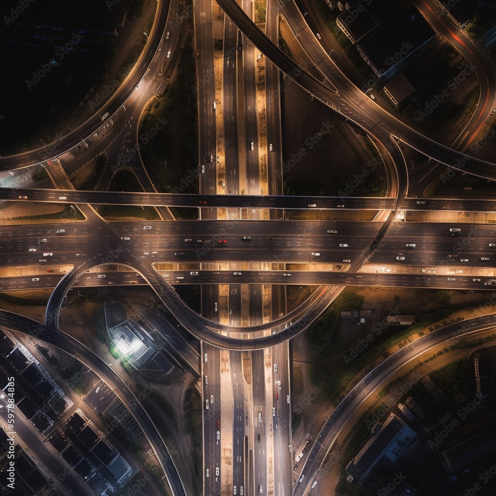 Poster nighttime view of overpass and road intersection. generative ai