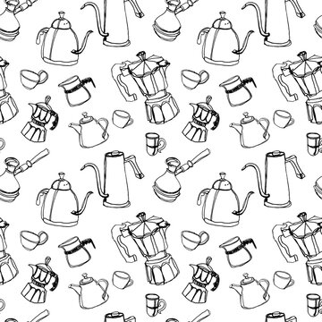 Pattern with illustrations of different methods of manual brewing, geyser coffee maker, v60, kettle, cups and filter of coffee on a white background, ink drawing