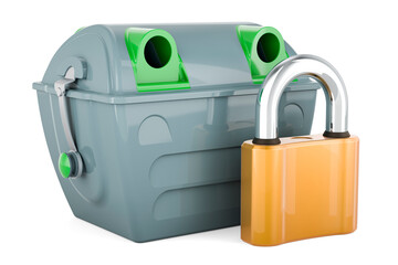 Gray garbage container with padlock. 3D rendering