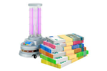 Obraz premium UV-Disinfection Robot with money, euro packs. 3D rendering