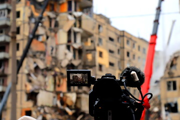 Video camera filming destroyed house in Ukraine after Russian missile strike. news agency is...